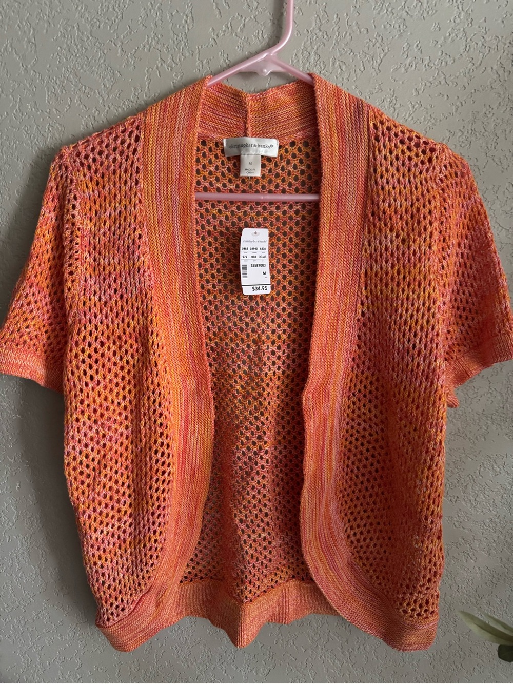 Christopher & Banks Cardigan Womens M Coral Cotton Open Knit Short Sleeve NWT